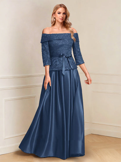 A-Line/Princess 3/4 Sleeves Off-the-Shoulder Floor-Length Mother of the Bride with Bowknot & Sequins
