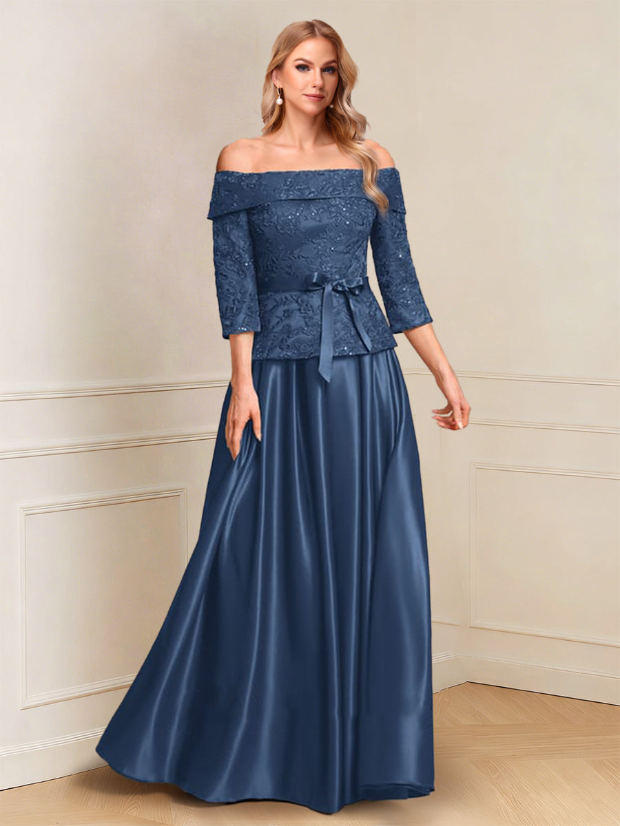 A-Line/Princess 3/4 Sleeves Off-the-Shoulder Floor-Length Mother of the Bride with Bowknot & Sequins