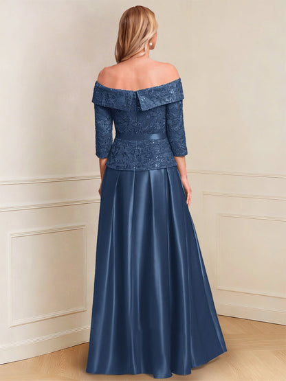 A-Line/Princess 3/4 Sleeves Off-the-Shoulder Floor-Length Mother of the Bride with Bowknot & Sequins