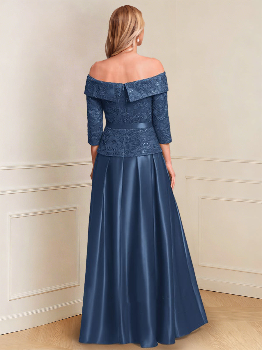 A-Line/Princess 3/4 Sleeves Off-the-Shoulder Floor-Length Mother of the Bride with Bowknot & Sequins