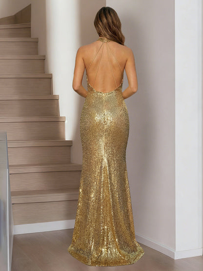 Trumpet/Mermaid Halter Floor-Length Long Prom Dresses with Pleats & Sequins