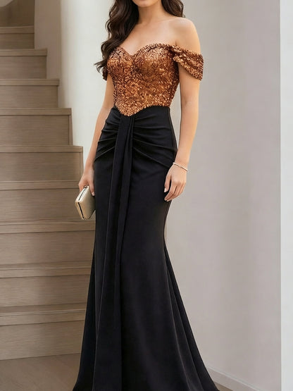 Trumpet/Mermaid Off-the-Shoulder Floor-Length Long Prom Dresses with Pleats & Sequins