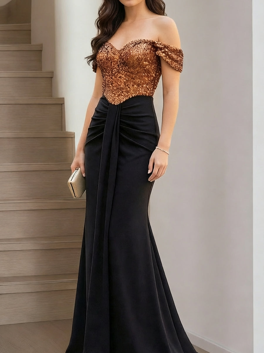 Trumpet/Mermaid Off-the-Shoulder Floor-Length Long Prom Dresses with Pleats & Sequins