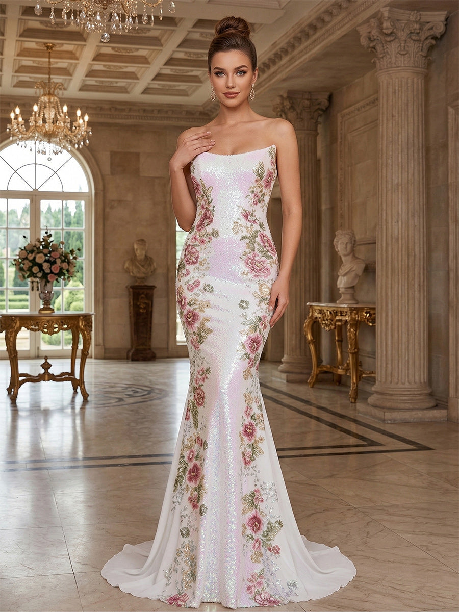 Trumpet/Mermaid Strapless Floor-Length Long Prom Dresses with Sequins