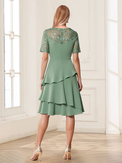 A-Line/Princess Short Sleeves Knee-Length Mother of the Bride Dresses with Lace & Ruffles