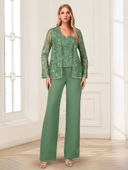 Lace Chiffon V-Neck Long Sleeves 3 Pieces Pantsuits with Appliques & Jacket