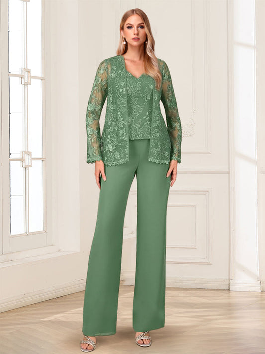 Lace Chiffon V-Neck Long Sleeves 3 Pieces Pantsuits with Appliques & Jacket