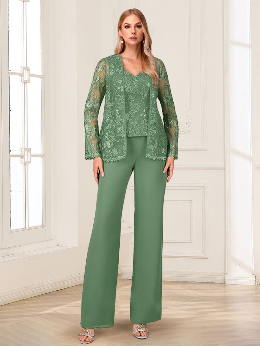 Lace Chiffon V-Neck Long Sleeves 3 Pieces Pantsuits with Appliques & Jacket