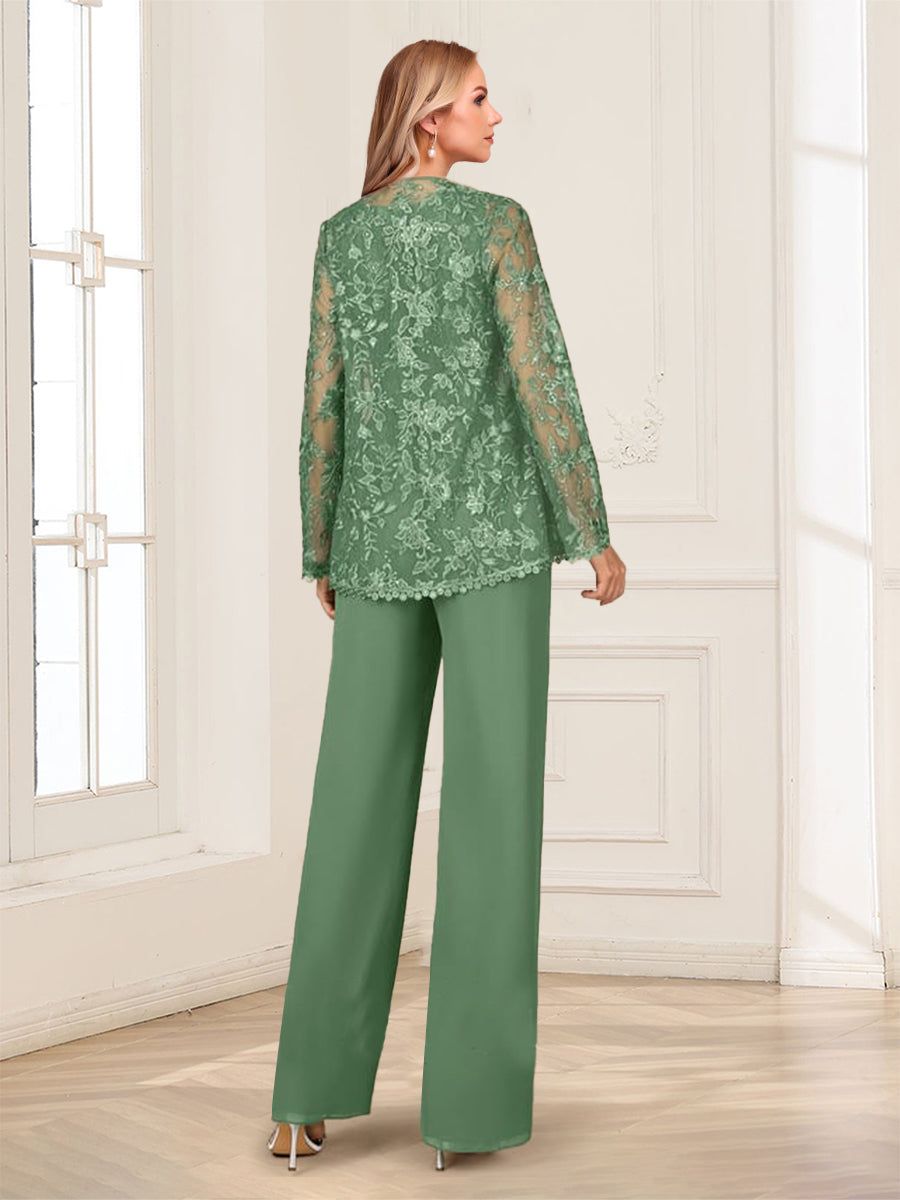 Lace Chiffon V-Neck Long Sleeves 3 Pieces Pantsuits with Appliques & Jacket