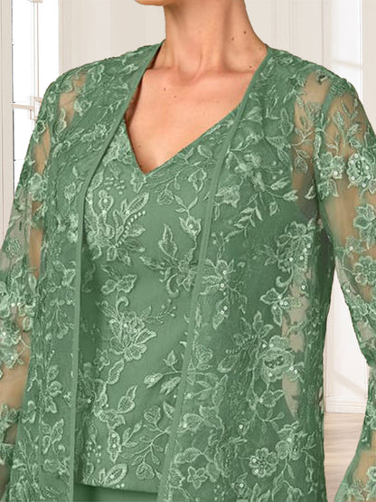 Lace Chiffon V-Neck Long Sleeves 3 Pieces Pantsuits with Appliques & Jacket