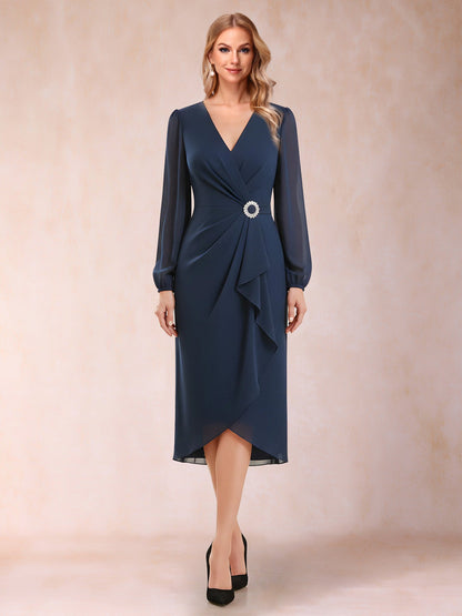A-Line/Princess Long Sleeves Asymmetrical Mother of the Bride Dresses with Ruched & Rhinestone