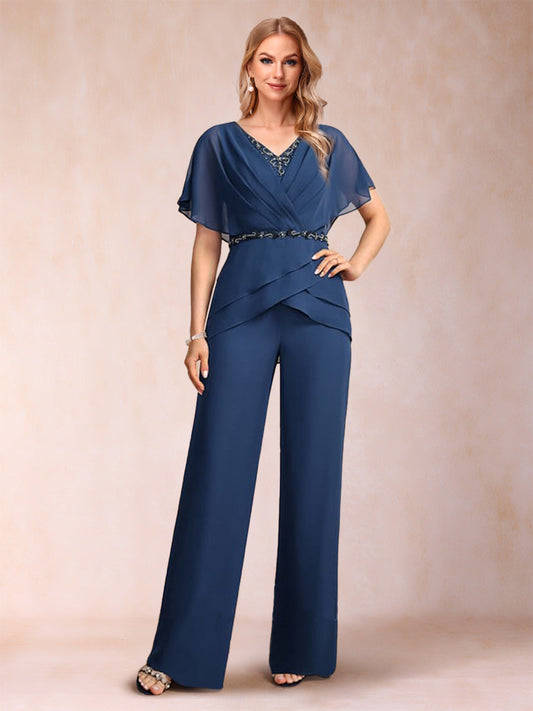 Chiffon V-Neck Short Sleeves 2 Pieces Pantsuits with Ruffles & Ruched