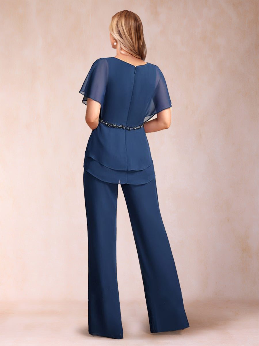 Chiffon V-Neck Short Sleeves 2 Pieces Pantsuits with Ruffles & Ruched