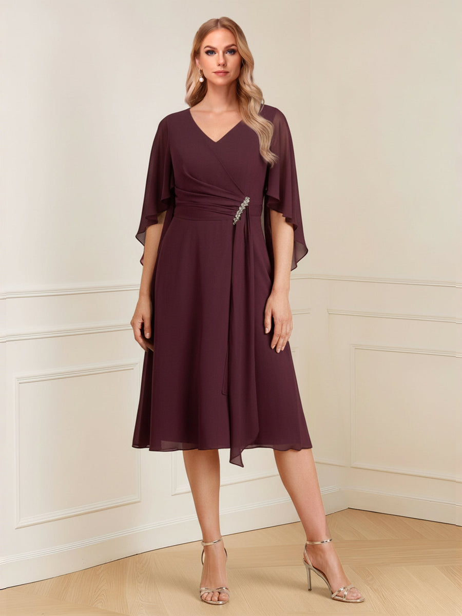 A-Line/Princess V-Neck Half Sleeves Knee-Length Mother of the Bride Dresses with Ruffles & Ruched
