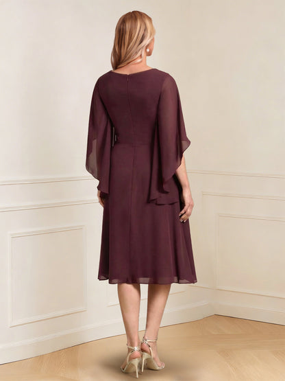 A-Line/Princess V-Neck Half Sleeves Knee-Length Mother of the Bride Dresses with Ruffles & Ruched