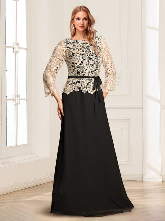 A-Line/Princess Scoop 3/4 Sleeves Floor-Length Mother of the Bride Dresses with Applique & Belt