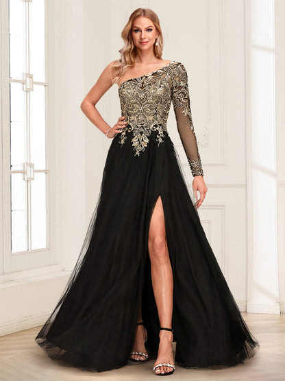 A-Line/Princess One-Shoulder Long Sleeves Floor-Length Mother of the Bride Dresses with Lace & Split Side