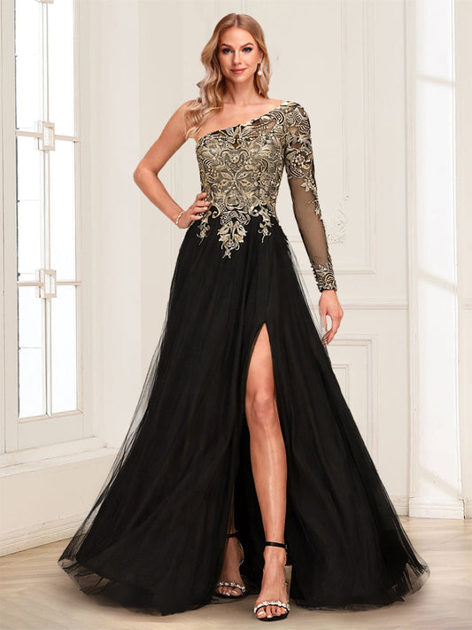 A-Line/Princess One-Shoulder Long Sleeves Floor-Length Mother of the Bride Dresses with Lace & Split Side