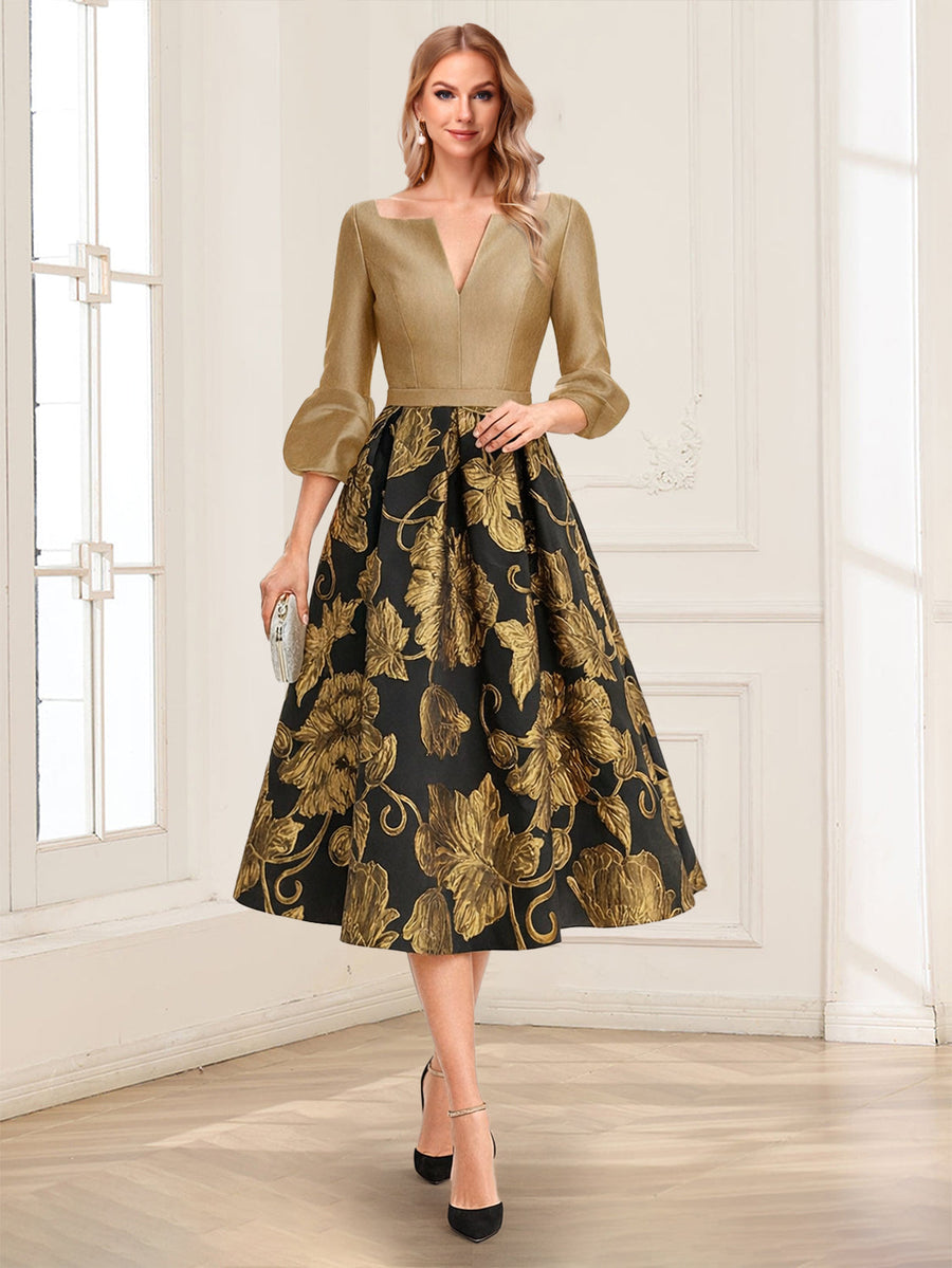 A-Line/Princess V-Neck 3/4 Sleeves Tea-Length Mother of the Bride Dresses with Ruched