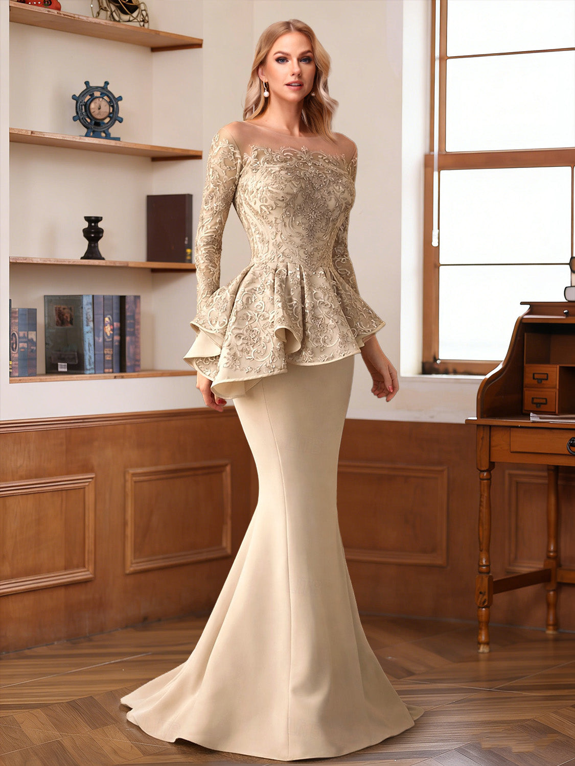 Trumpet/Mermaid Off-the-Shoulder Long Sleeves Floor-Length Mother of the Bride Dresses with Ruffles & Applique