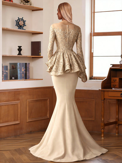 Trumpet/Mermaid Off-the-Shoulder Long Sleeves Floor-Length Mother of the Bride Dresses with Ruffles & Applique