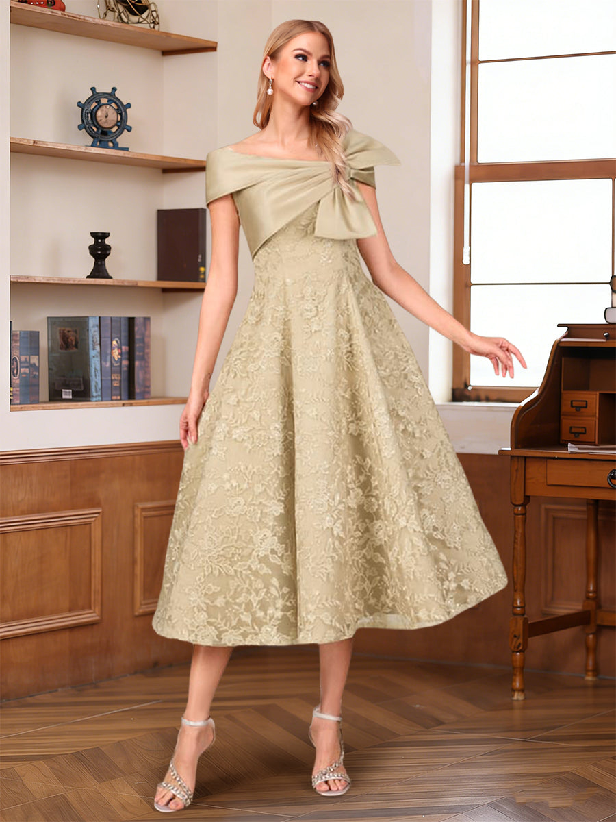 A-Line/Princess V-Neck Short Sleeves Tea-Length Mother of the Bride Dresses with Applique & Bowknot