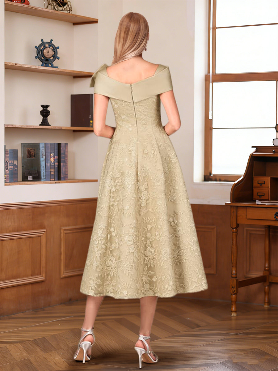 A-Line/Princess V-Neck Short Sleeves Tea-Length Mother of the Bride Dresses with Applique & Bowknot