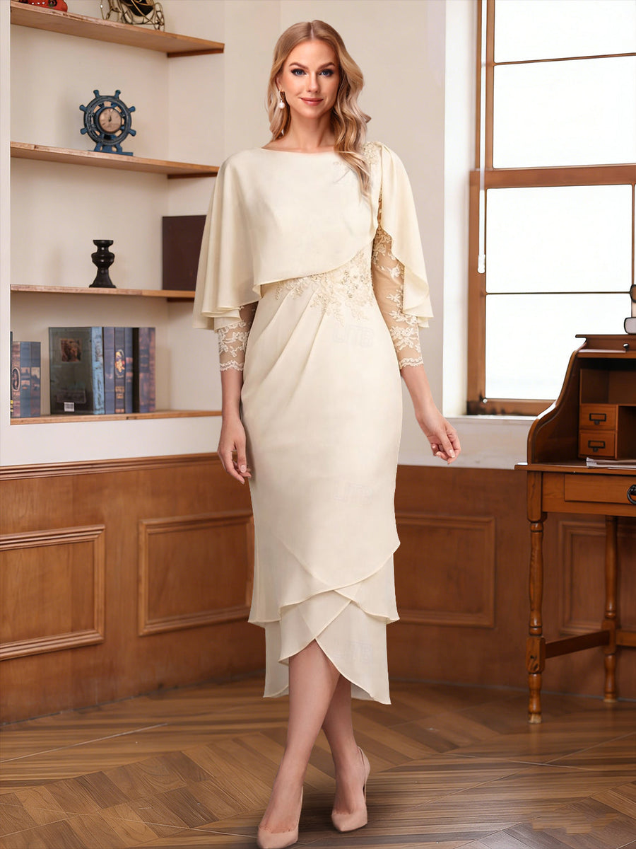 Sheath/Column Scoop 3/4 Sleeves Asymmetrical Mother of the Bride Dresses with Ruffles