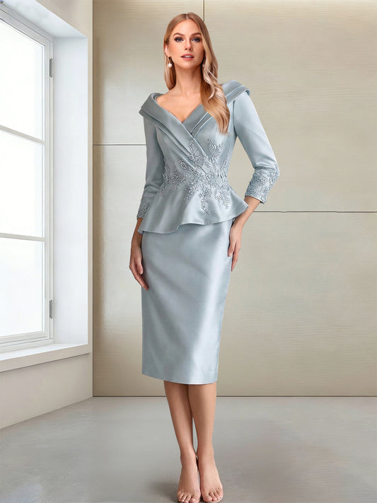 Sheath/Column V-Neck 3/4 Sleeves 2 Pieces Mother of the Bride Dresses with Appliques & Ruffles