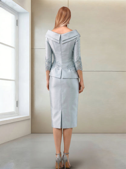 Sheath/Column V-Neck 3/4 Sleeves 2 Pieces Mother of the Bride Dresses with Appliques & Ruffles