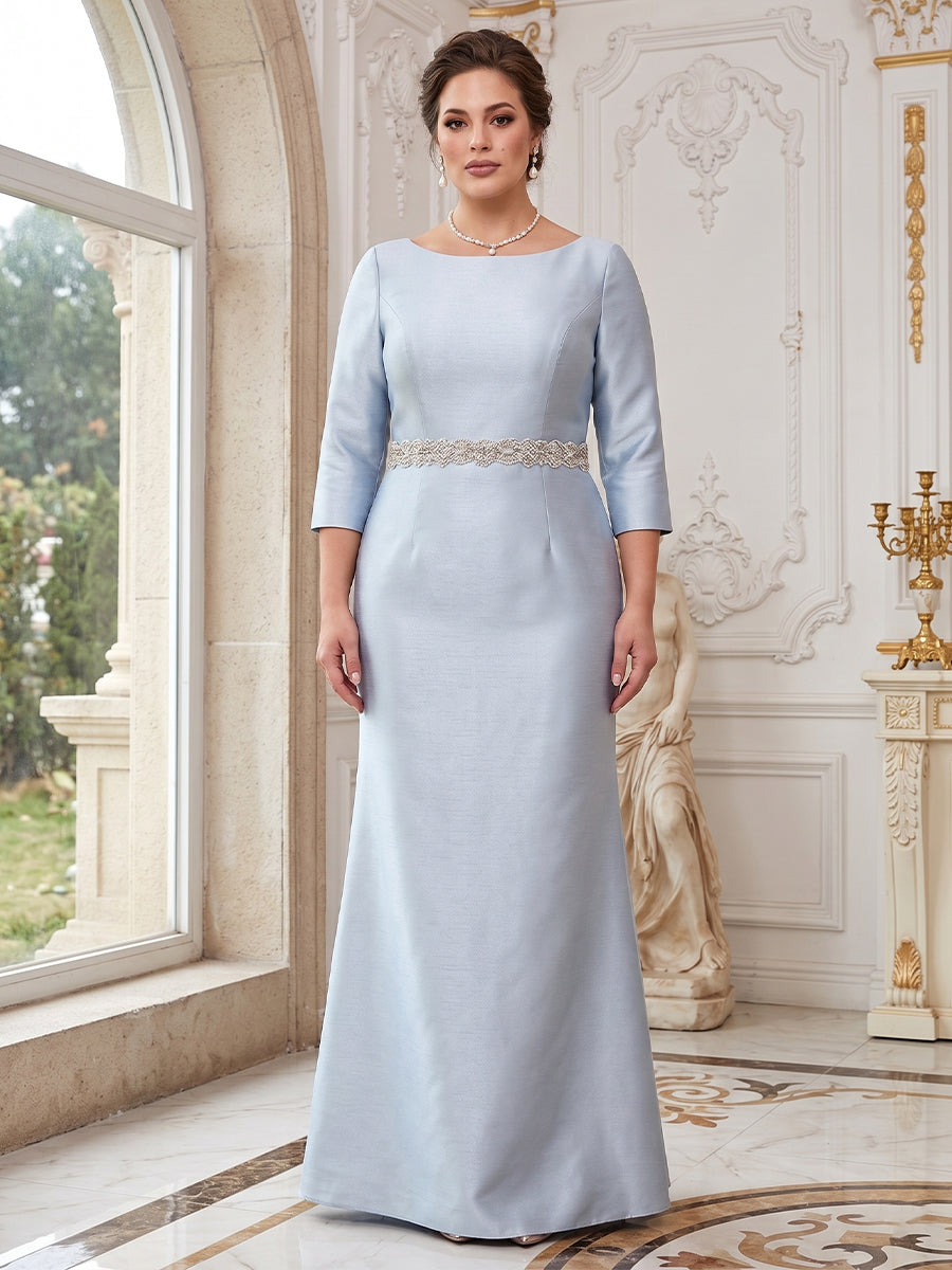 Sheath/Column Crew Neck 3/4 Sleeves Plus Size Mother of the Bride Dresses with Beading & Sash