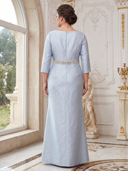 Sheath/Column Crew Neck 3/4 Sleeves Plus Size Mother of the Bride Dresses with Beading & Sash
