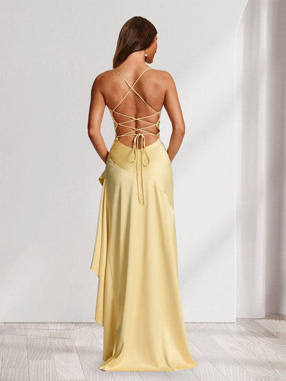 Sheath/Column Spaghetti Straps Asymmetrical Bridesmaid Dresses with Split Side & Ruffles
