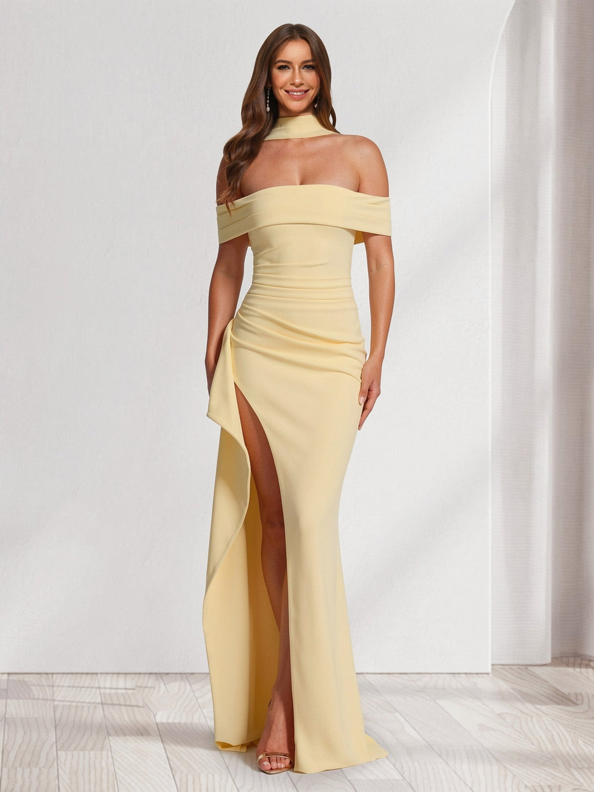 Sheath/Column Off-the-Shoulder Scarf Wrap Floor-Length Bridesmaid Dresses with Pleats & Split Side