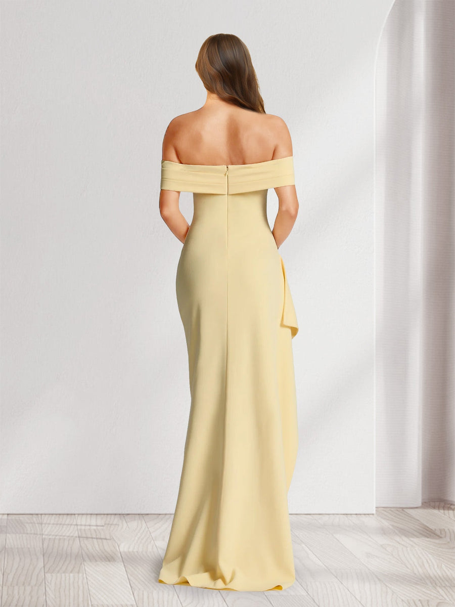 Sheath/Column Off-the-Shoulder Scarf Wrap Floor-Length Bridesmaid Dresses with Pleats & Split Side
