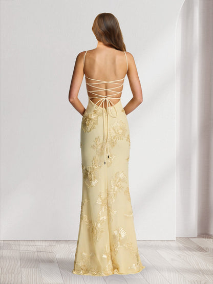 Sheath/Column Spaghetti Straps Floor-Length Bridesmaid Dresses with Applique