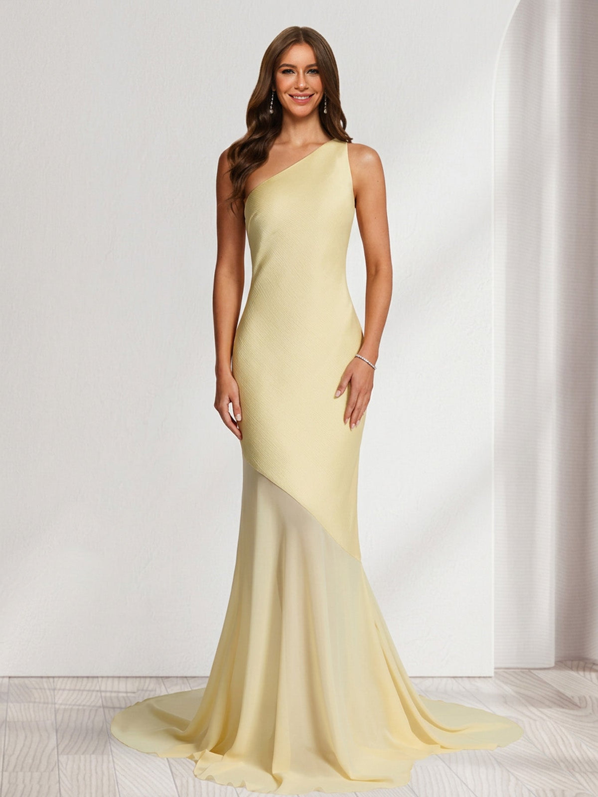 Trumpet/Mermaid One-Shoulder Sweep train/brush train Bridesmaid Dresses with Bowknot