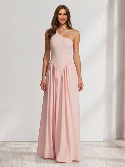 A-Line/Princess One-Shoulder Floor-Length Bridesmaid Dresses with Pleats
