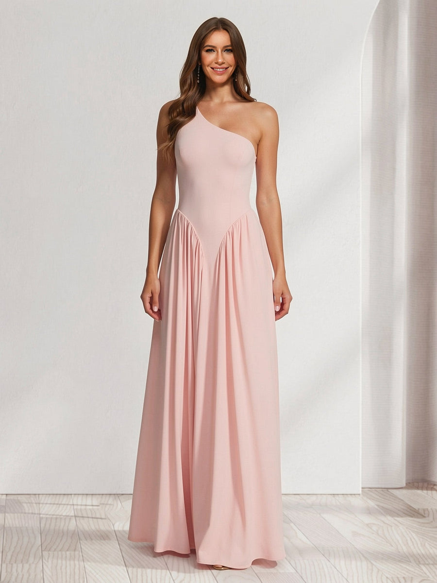 A-Line/Princess One-Shoulder Floor-Length Bridesmaid Dresses with Pleats