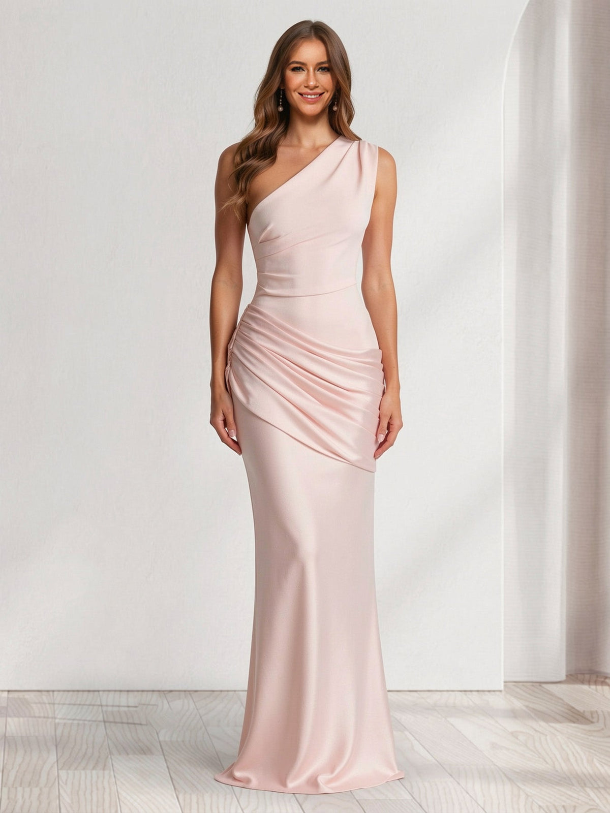 Trumpet/Mermaid One-Shoulder Asymmetrical Floor-Length Bridesmaid Dresses with Pleats