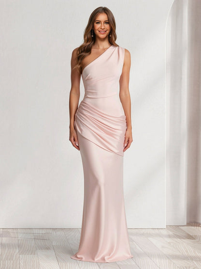 Trumpet/Mermaid One-Shoulder Asymmetrical Floor-Length Bridesmaid Dresses with Pleats