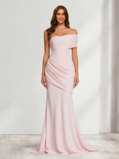 Trumpet/Mermaid One-Shoulder Short Sleeves Floor-Length Bridesmaid Dresses with Pleats