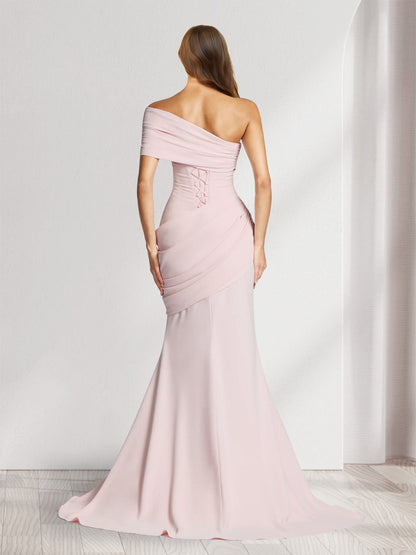 Trumpet/Mermaid One-Shoulder Short Sleeves Floor-Length Bridesmaid Dresses with Pleats