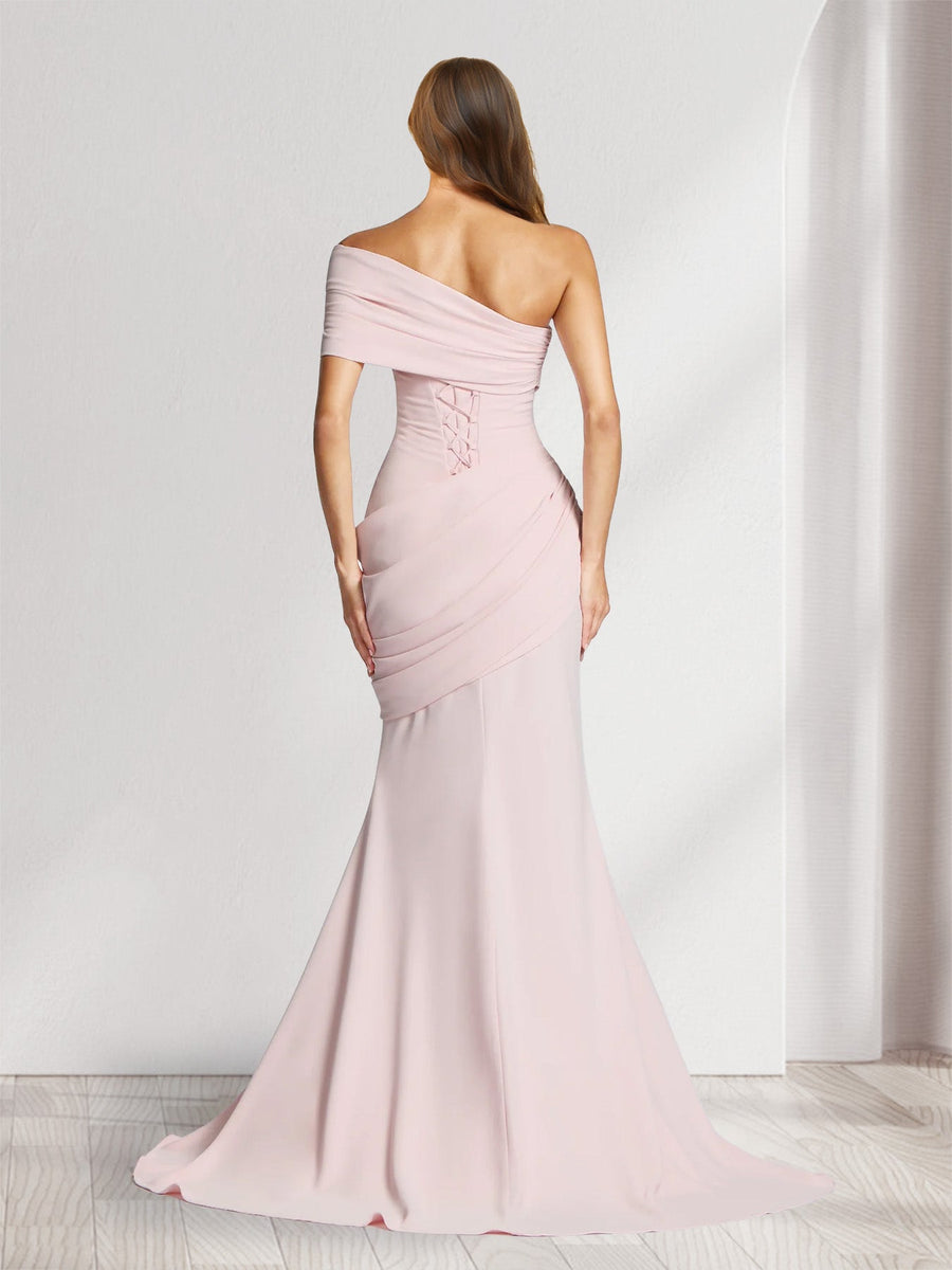 Trumpet/Mermaid One-Shoulder Short Sleeves Floor-Length Bridesmaid Dresses with Pleats