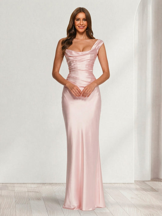 Sheath/Column One-Shoulder Sleeveless Floor-Length Bridesmaid Dresses with Pleats