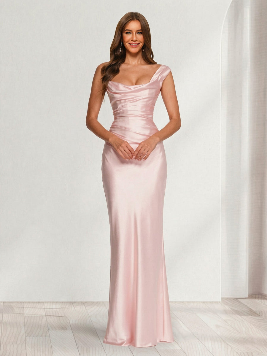 Sheath/Column One-Shoulder Sleeveless Floor-Length Bridesmaid Dresses with Pleats