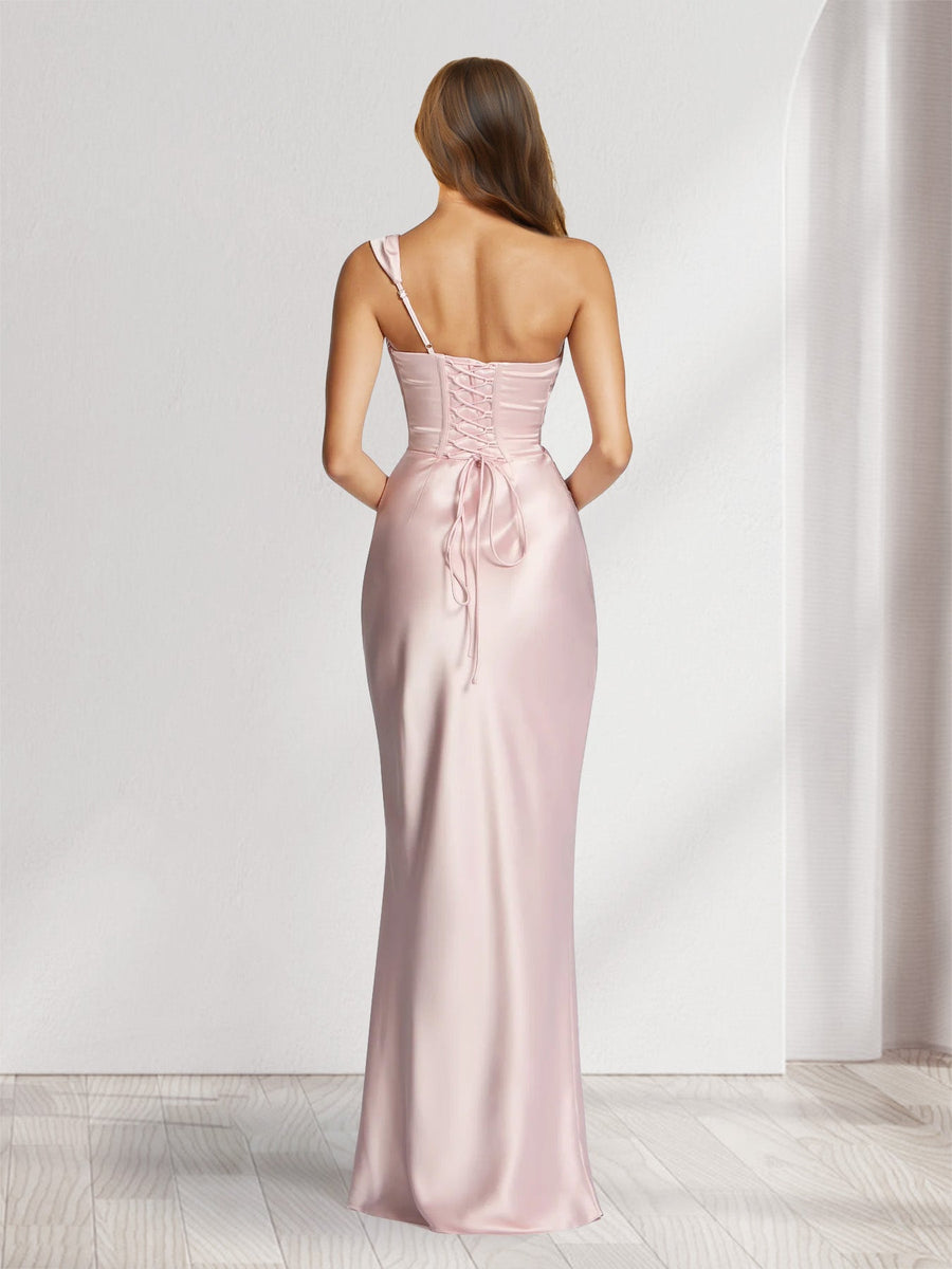 Sheath/Column One-Shoulder Sleeveless Floor-Length Bridesmaid Dresses with Pleats