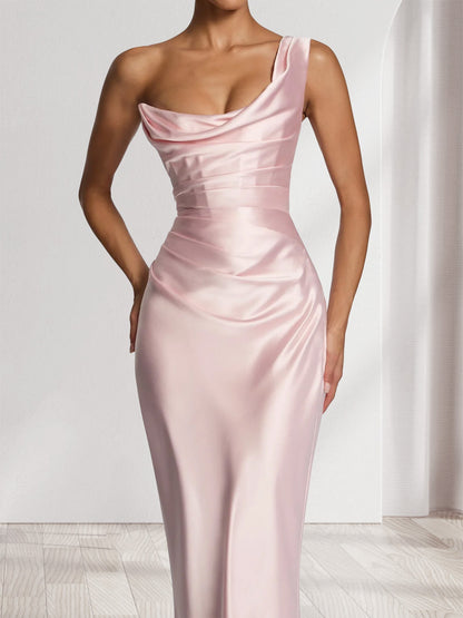 Sheath/Column One-Shoulder Sleeveless Floor-Length Bridesmaid Dresses with Pleats
