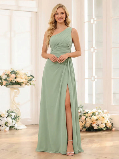 Sheath/Column One-Shoulder Floor-Length Bridesmaid Dresses with Ruched & Split Side