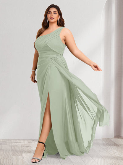 Sheath/Column One-Shoulder Floor-Length Plus Size Bridesmaid Dresses with Ruched & Split Side